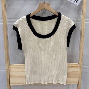 Cream Black Contrast Trim Ribbed Knit Crop Top
